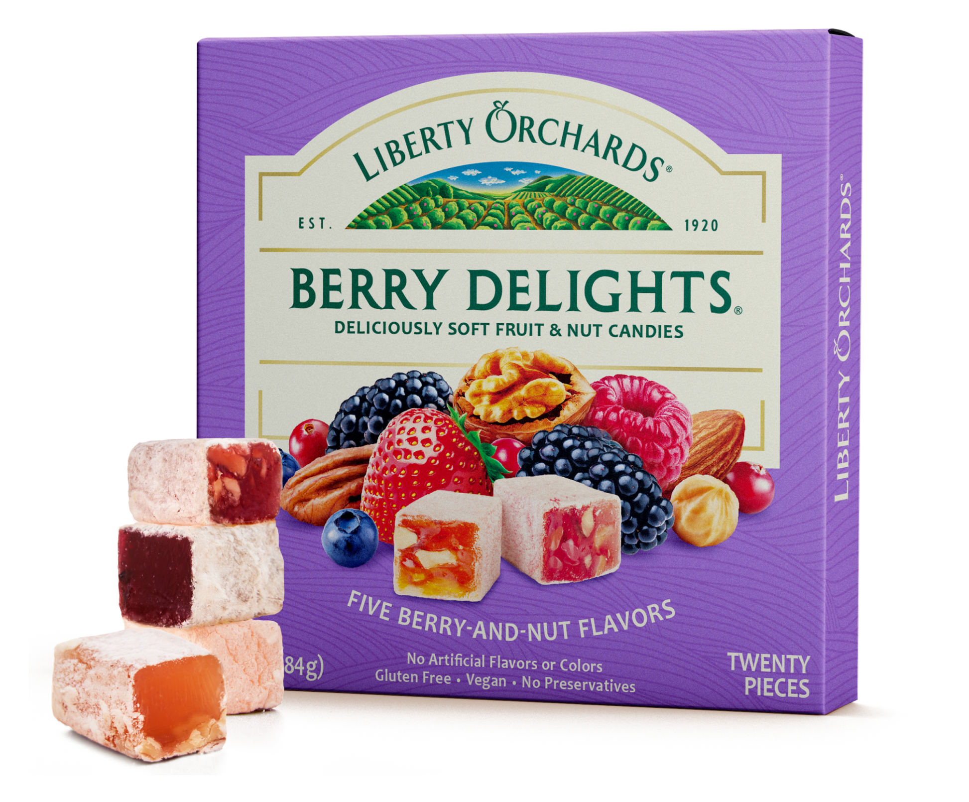 Front view of Berry Delights 10 oz box – fruit and nut candy with real berries and walnuts