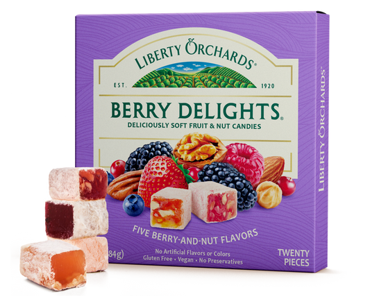 Front view of Berry Delights 10 oz box – fruit and nut candy with real berries and walnuts