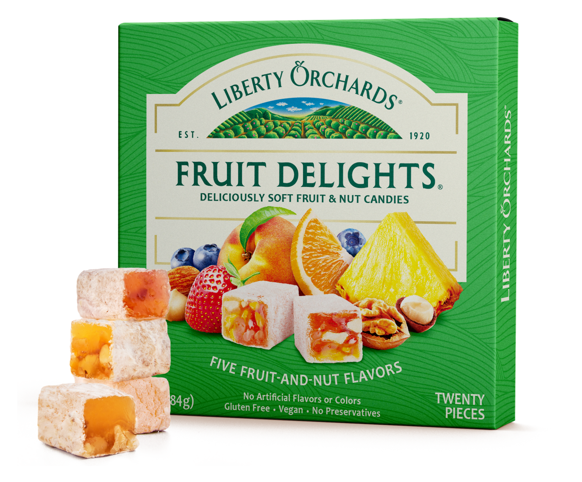 Front view of Fruit Delights – Fruit & Nut Candies 10 oz box – fruit and nut candies with real fruit and walnuts