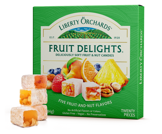 Front view of Fruit Delights – Fruit & Nut Candies 10 oz box – fruit and nut candies with real fruit and walnuts