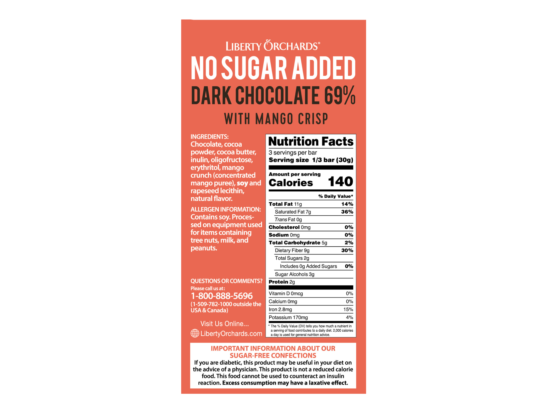 No Sugar Added Dark chocolate bar with mango crisp - Liberty Orchards