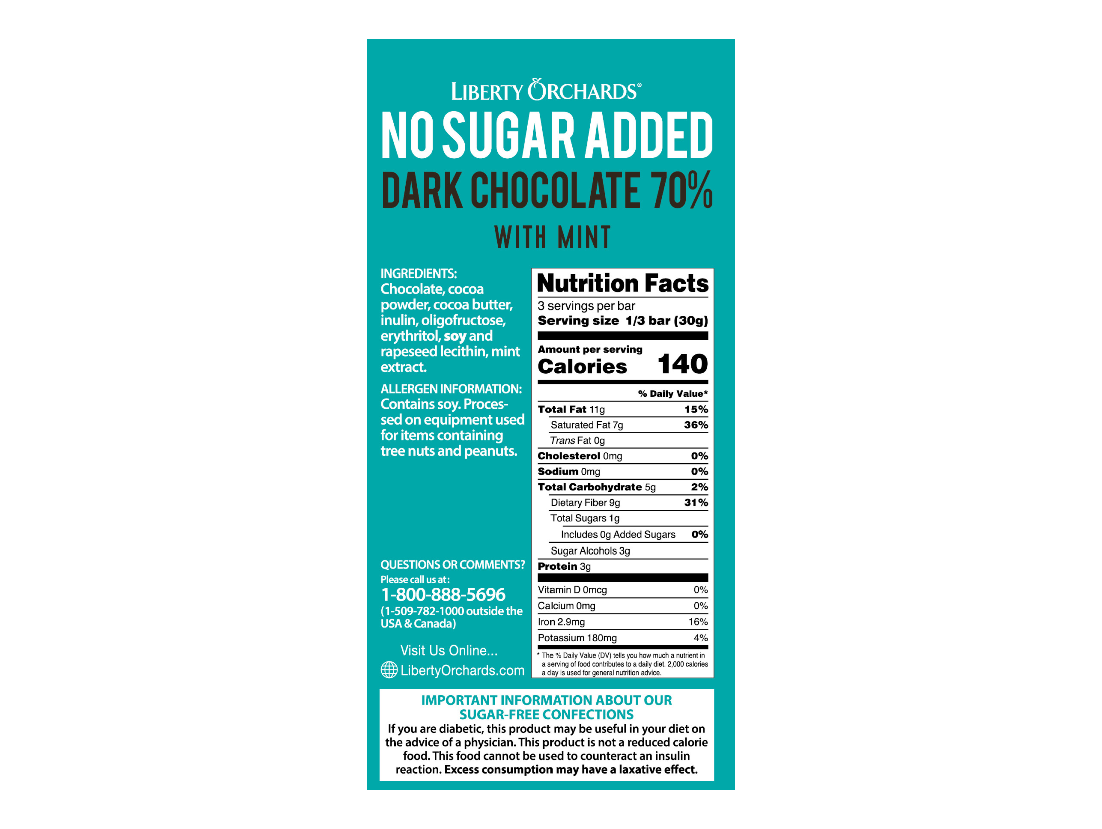 No Sugar Added Dark chocolate bar with mint - Liberty Orchards