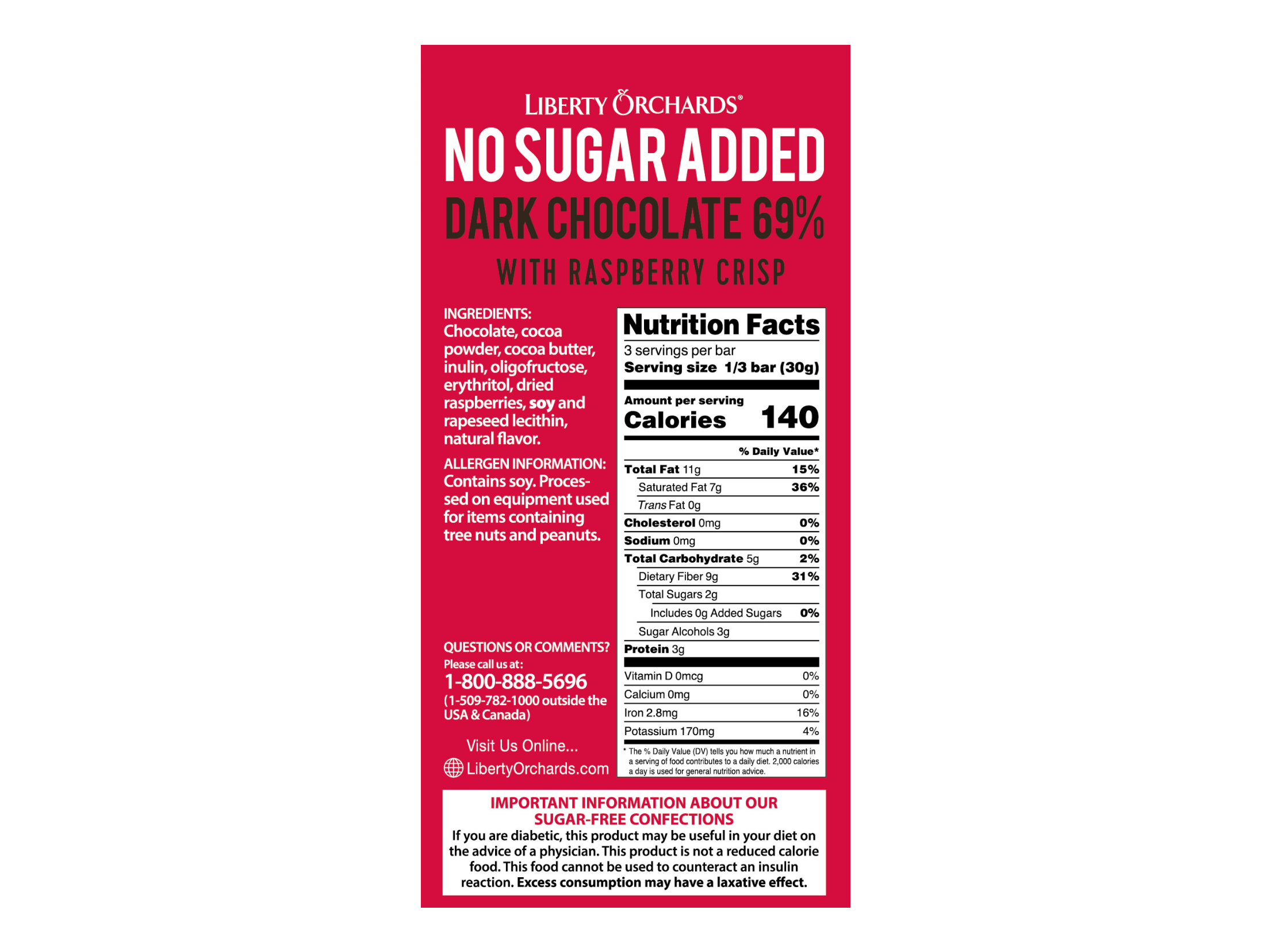 No Sugar Added Dark chocolate bar with raspberry crisp - Liberty Orchards