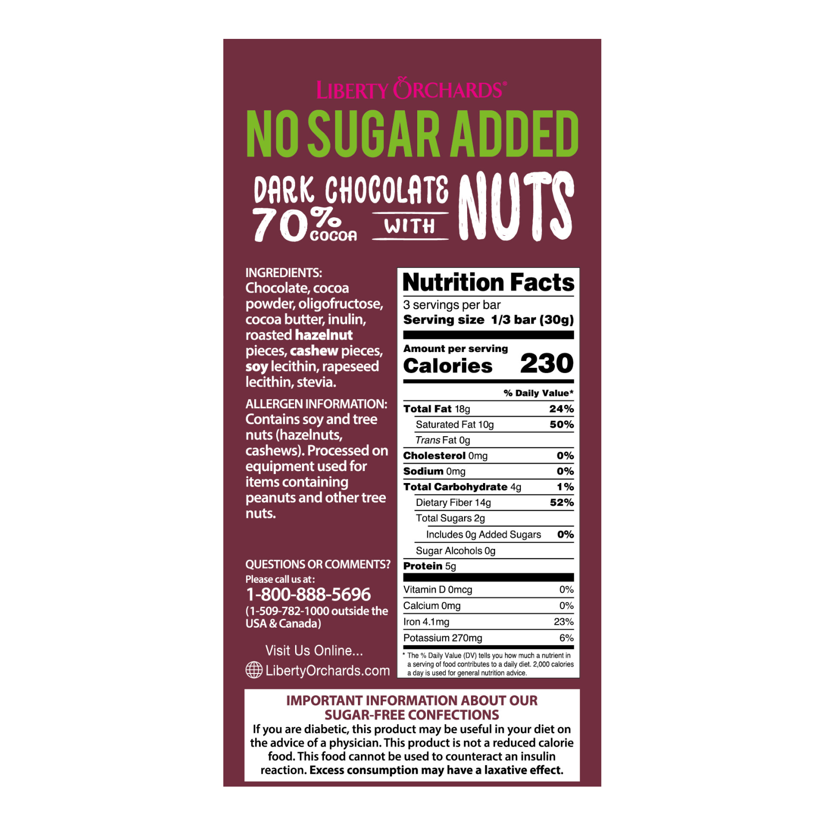 No Sugar Added Dark chocolate bar with nuts - Liberty Orchards