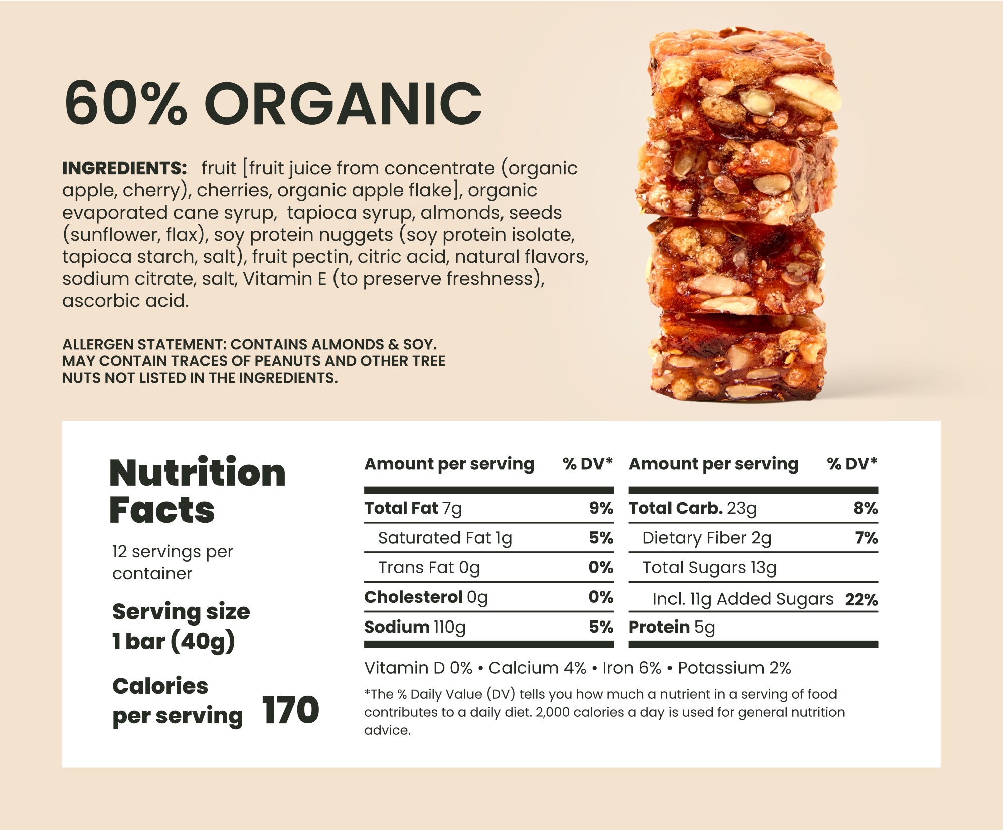 Back of Cherry Almond Crunch bar packaging showing nutrition facts and allergen info