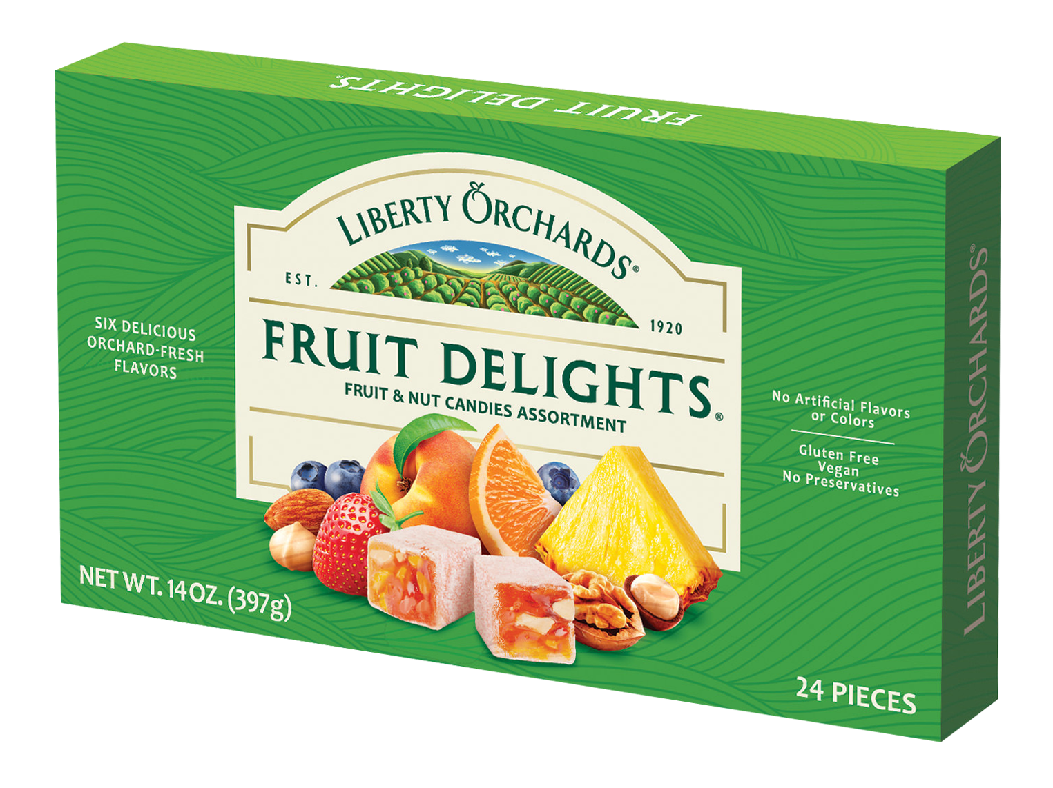 Front view of Fruit Delights – Fruit & Nut Candies 14 oz box – fruit and nut candies with real fruit and walnuts