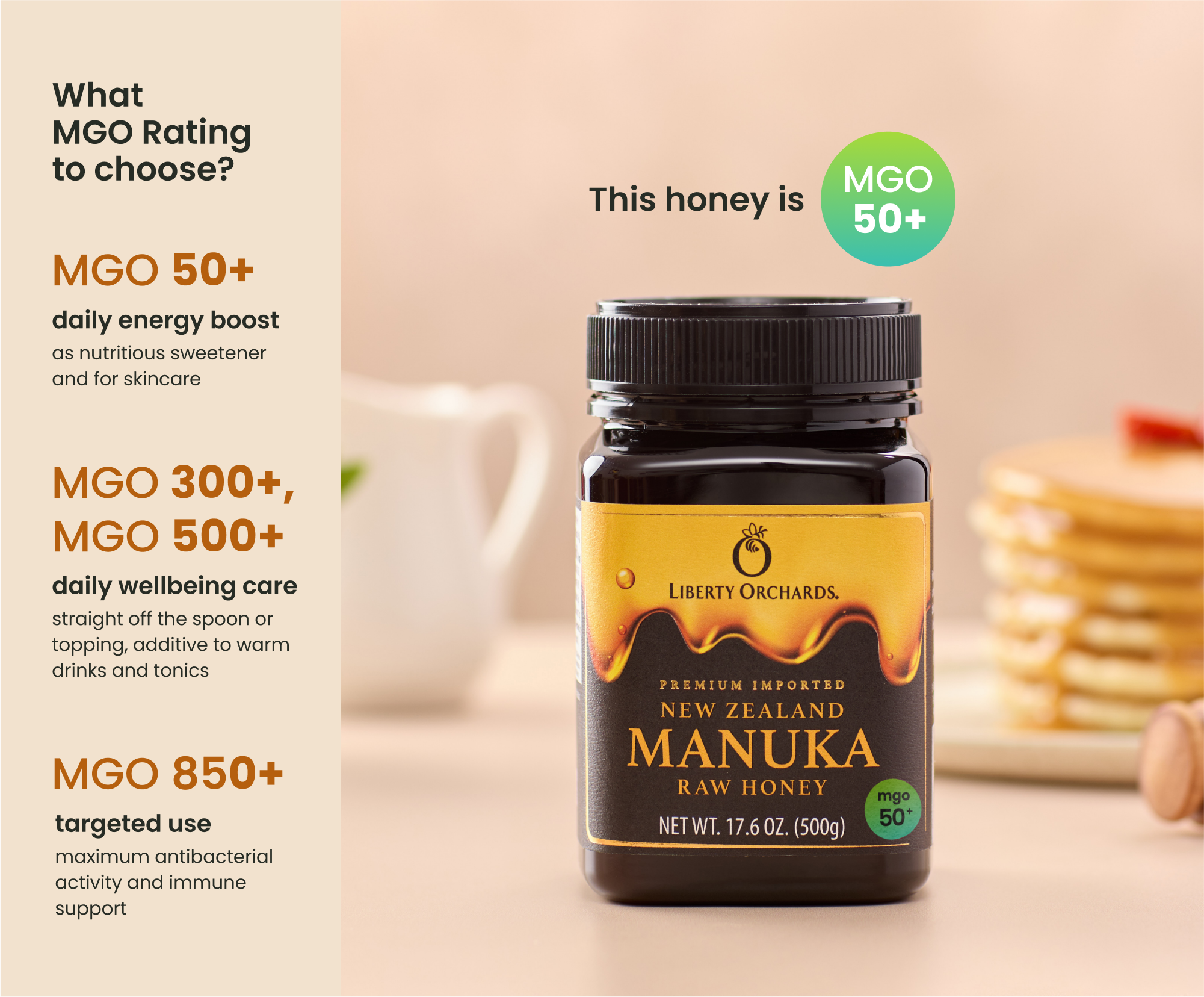 17.6oz MGO 50+ Manuka raw Honey - Liberty Orchards