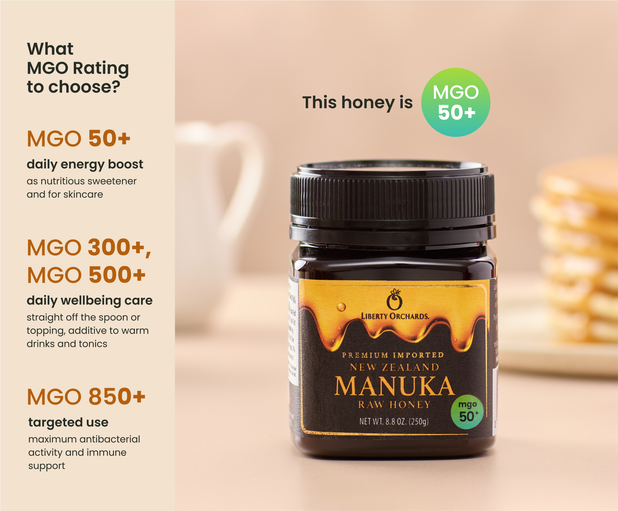 8.8oz MGO 50+ Manuka raw Honey - Liberty Orchards