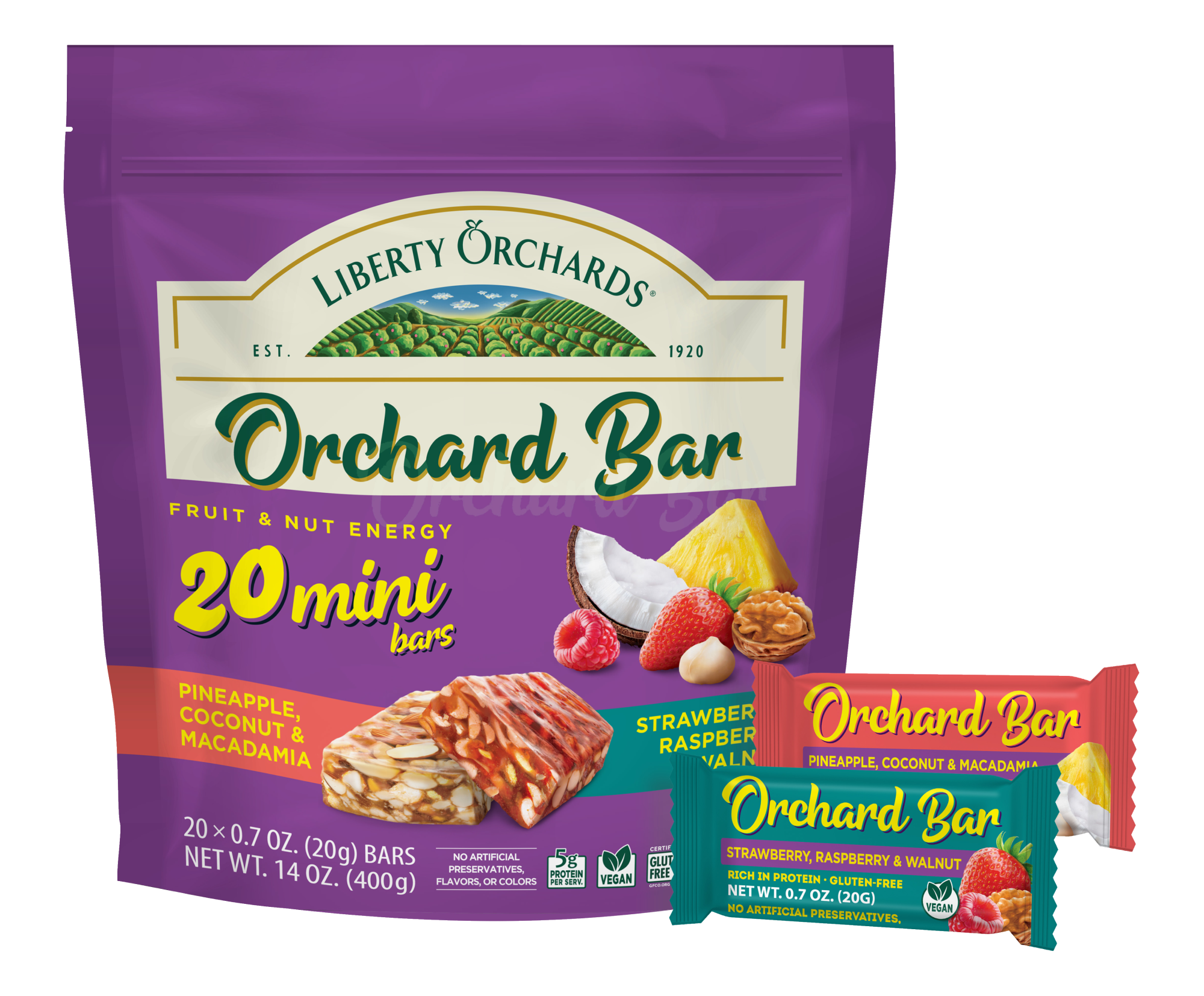 20 mini Orchard Bars (Strawberry & Walnut, Pineapple & Macadamia) - Liberty Orchards