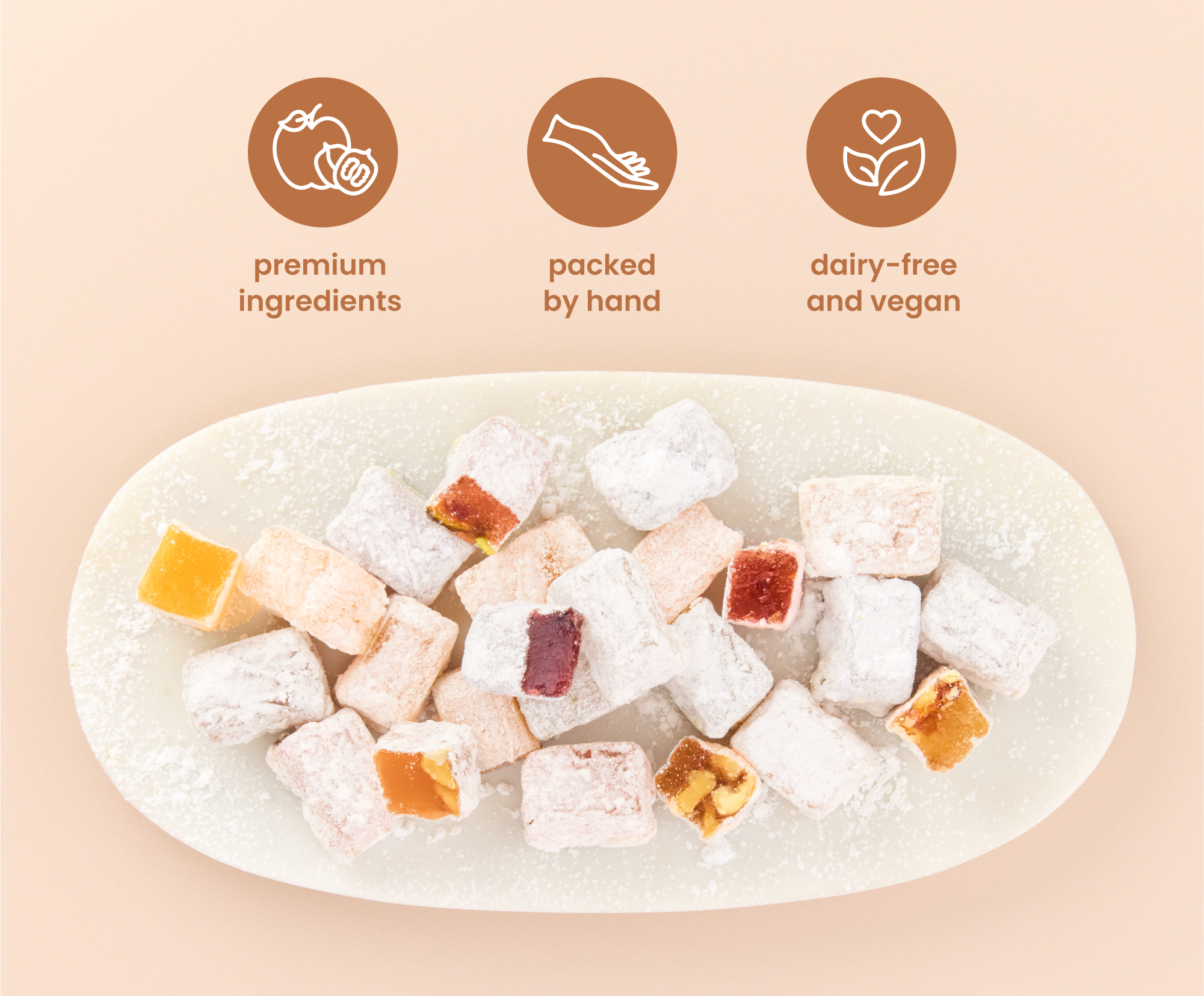 Close-up of soft fruit and nut candy showing berry center and walnut bits