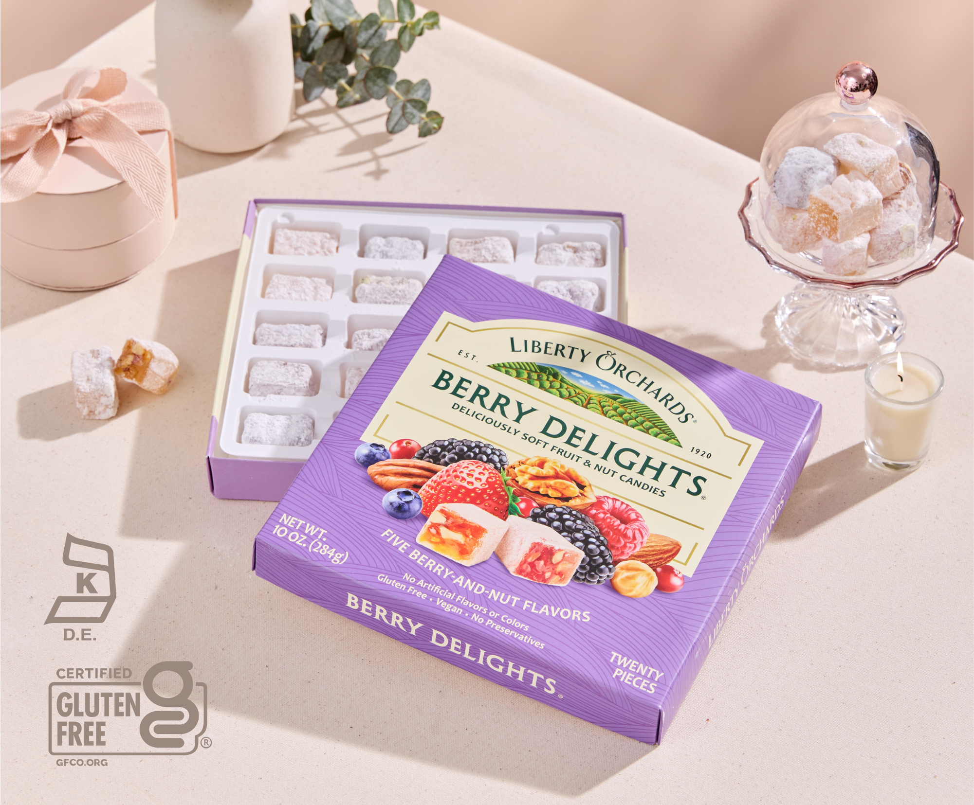 Berry Delights 10 oz box displayed as a gift – natural berry and walnut fruit candy