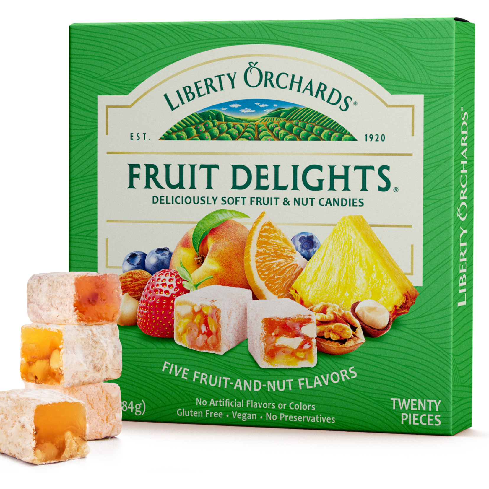 Front view of Fruit Delights – Fruit & Nut Candies 10 oz box – fruit and nut candies with real fruit and walnuts