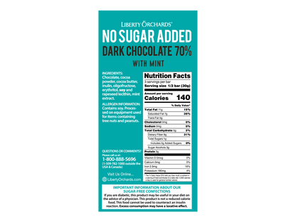 No Sugar Added Dark chocolate bar with mint - Liberty Orchards