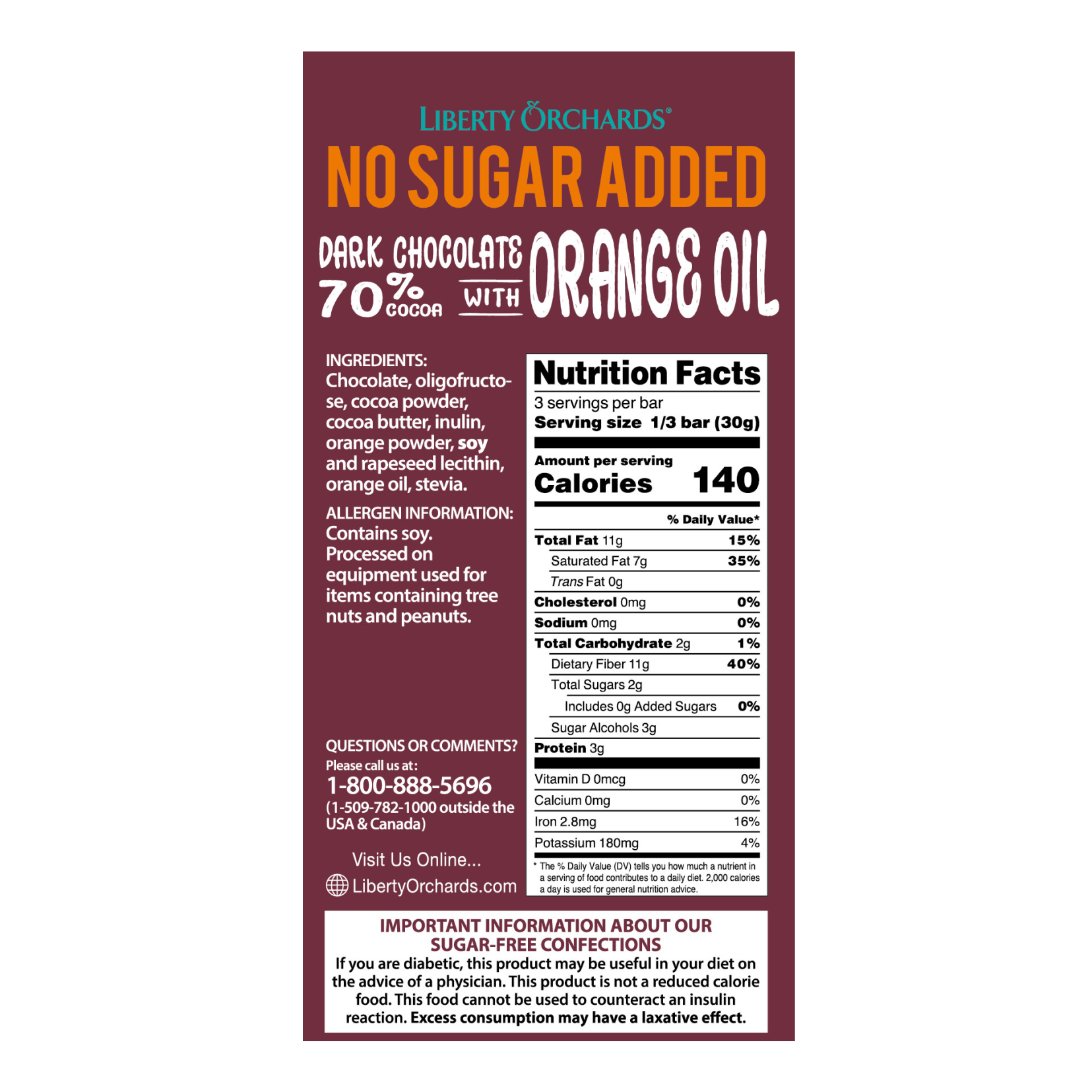 No Sugar Added Dark & Orange chocolate bar - Liberty Orchards