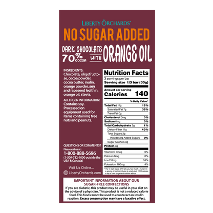 No Sugar Added Dark & Orange chocolate bar - Liberty Orchards