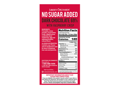No Sugar Added Dark chocolate bar with raspberry crisp - Liberty Orchards
