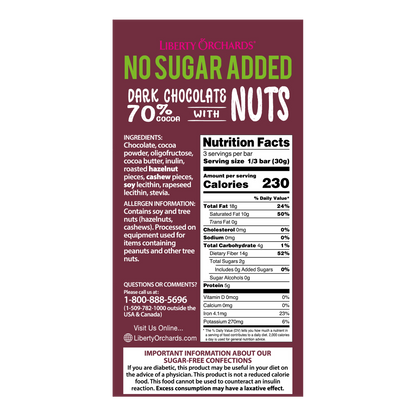 No Sugar Added Dark chocolate bar with nuts - Liberty Orchards