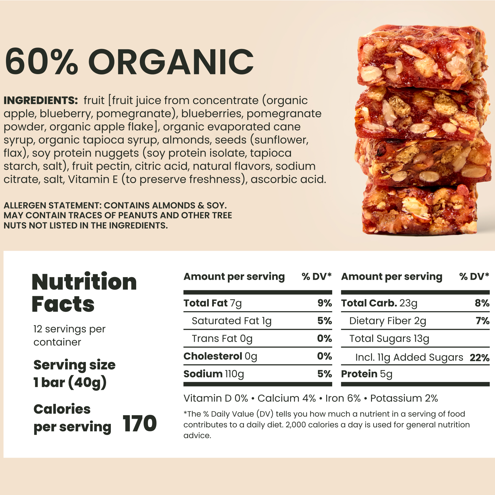 Back of Blueberry Pomegranate Almond bar wrapper showing nutrition and ingredients info
