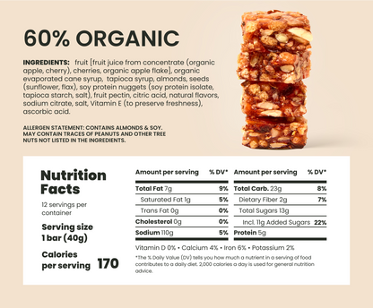 Back of Cherry Almond Crunch bar packaging showing nutrition facts and allergen info