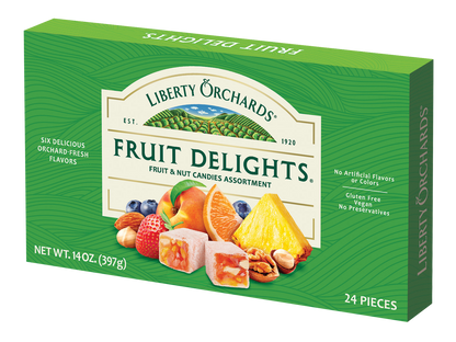 Front view of Fruit Delights – Fruit & Nut Candies 14 oz box – fruit and nut candies with real fruit and walnuts